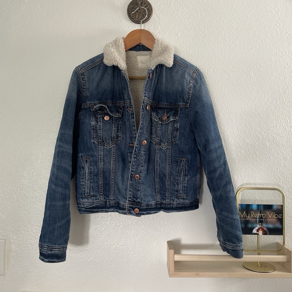 American Eagle Blue Denim Faux Fur Sherpa Lined Jacket Women's Medium Classic